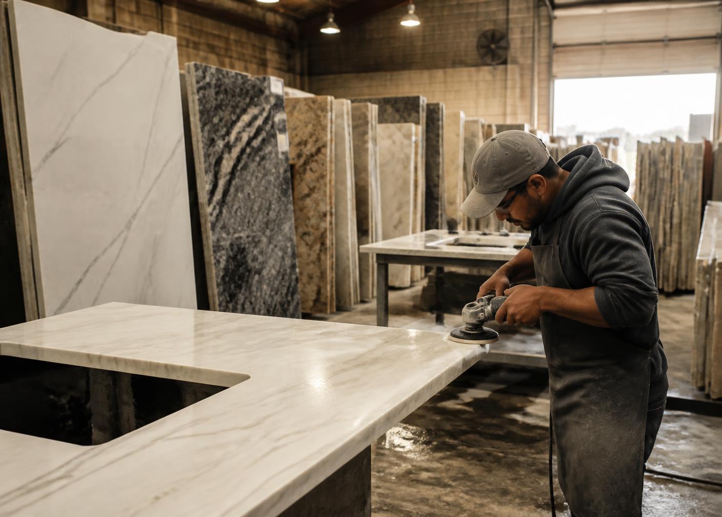 Stone fabricator polishing a marble countertop edge