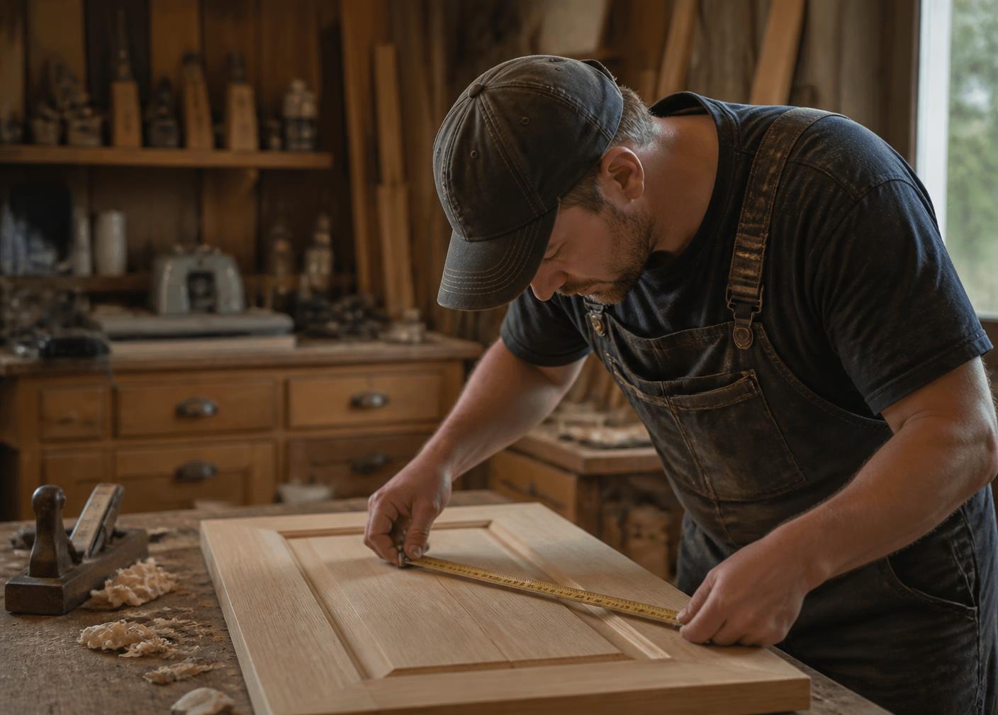 Cabinetmaker measuring a cabinet door in the workshop