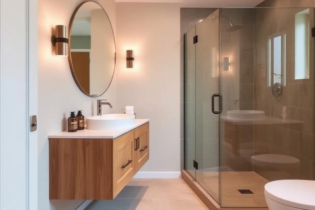 Guest bathroom with floating wood vanity