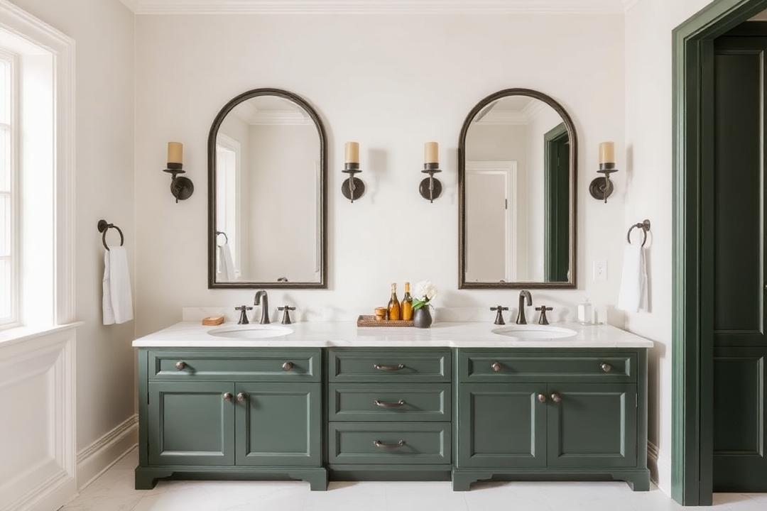 Green double vanity with stone countertop