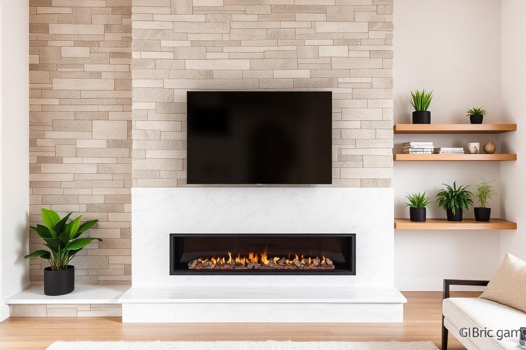 Stone fireplace wall with floating shelves