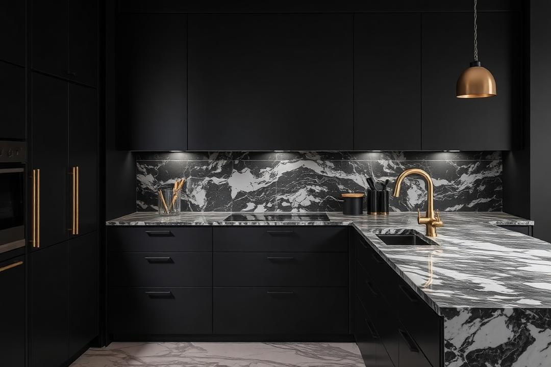Black cabinetry kitchen with veined marble