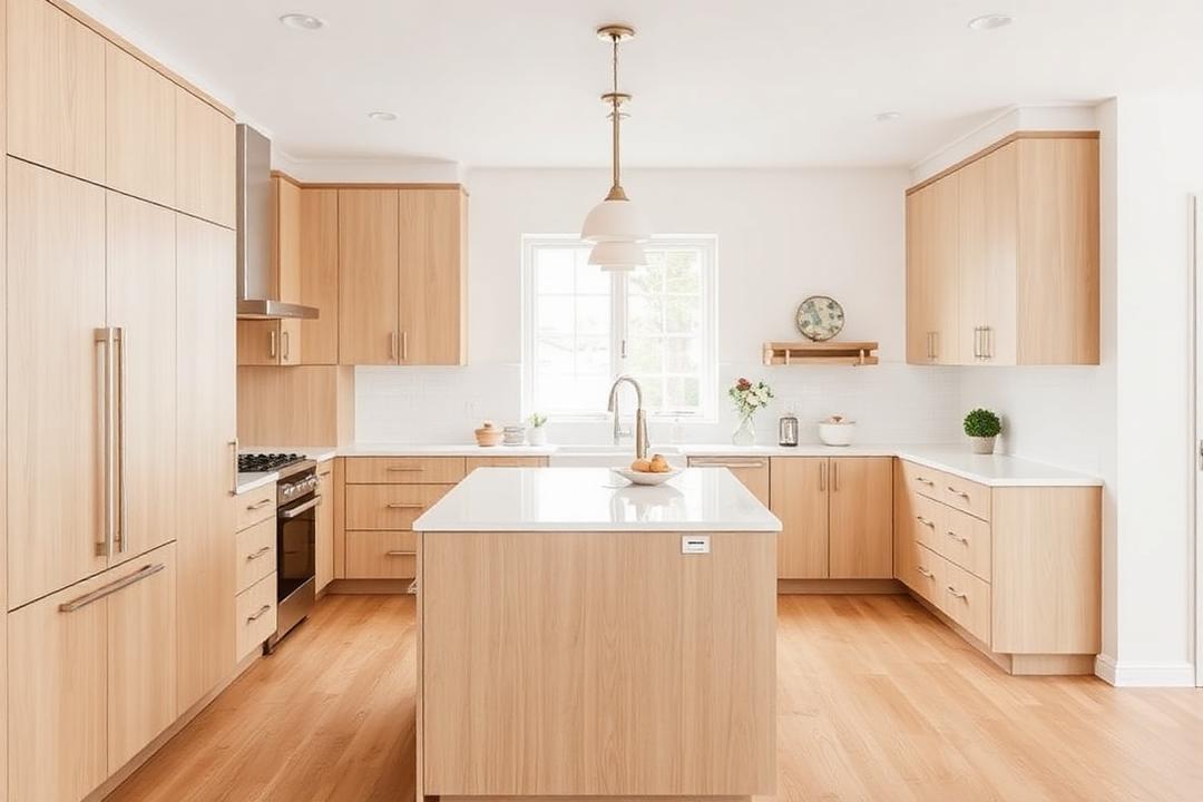 Light oak modern kitchen with quartz island