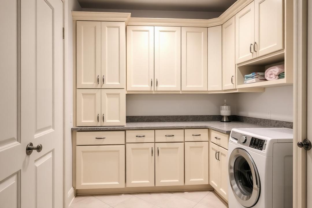 Laundry room with cream cabinetry and stone counter