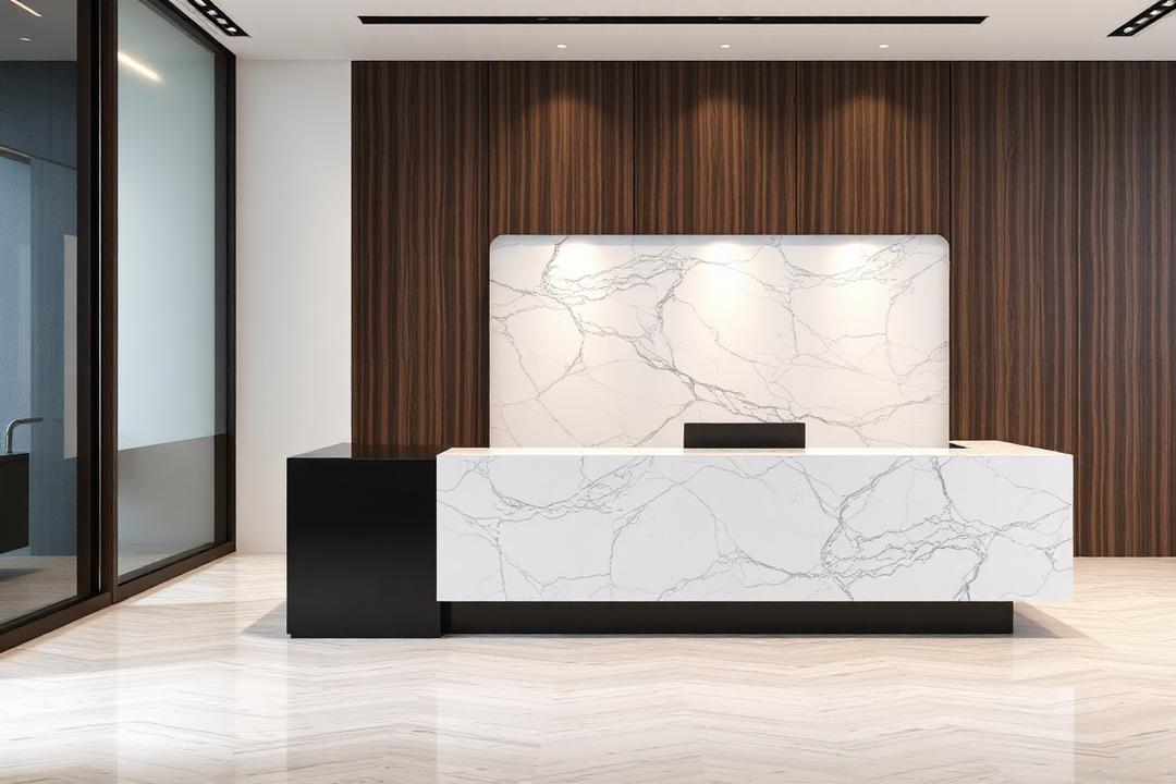 Marble reception desk with wood panel wall